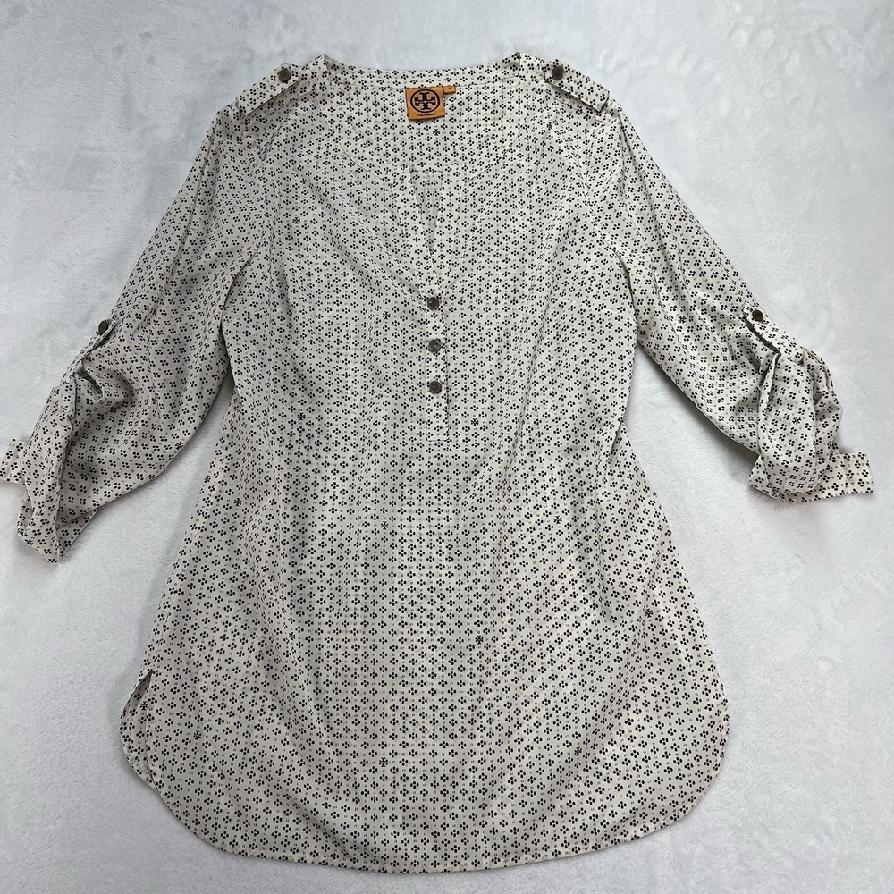 Tory Burch Silk Blend Tunic Blouse Women's 8 Roll Tab Vneck Luxe All Over Print